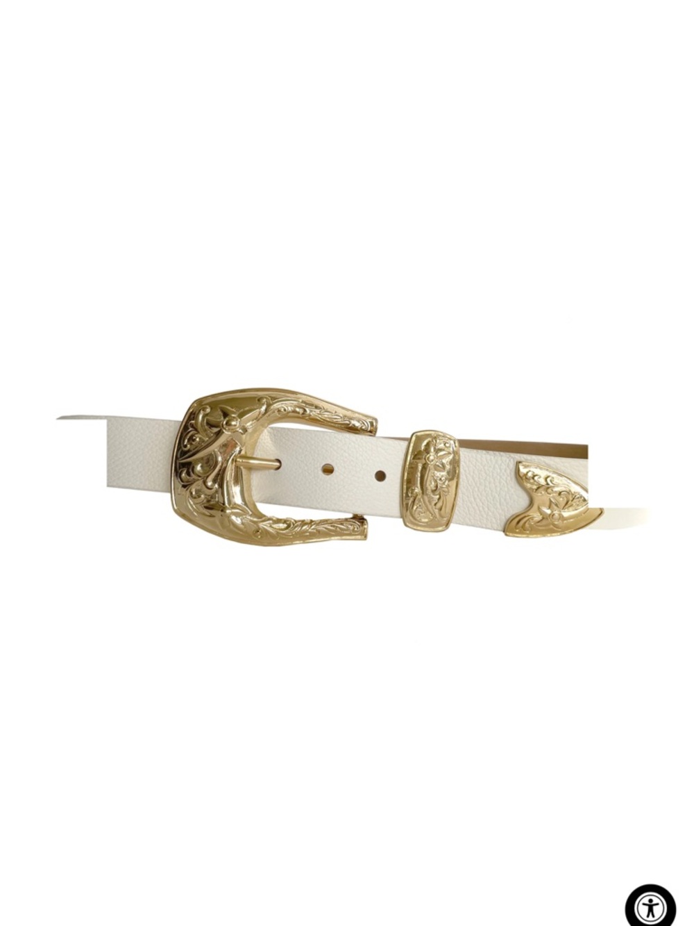 Streets Ahead White Leather Belt with Ornate Gold Western Buckle - Picture 3 of 4